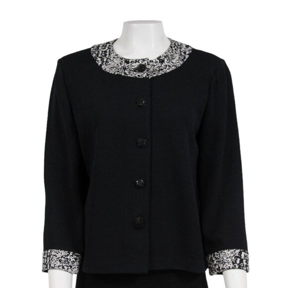 St. John Evening Women Cropped Collarless JacketUS 12 Black White Button Front